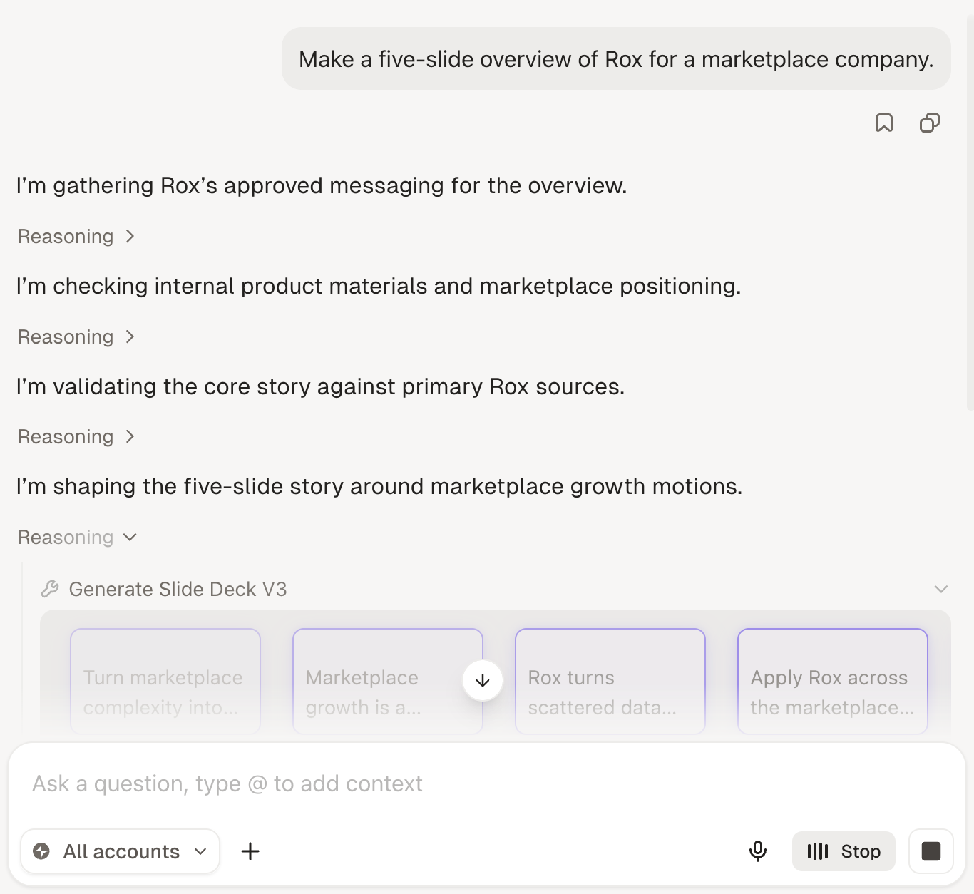 A spoken request shown as a chat message while Rox generates a slide deck, with both the stop-request button and the Stop voice control in the composer