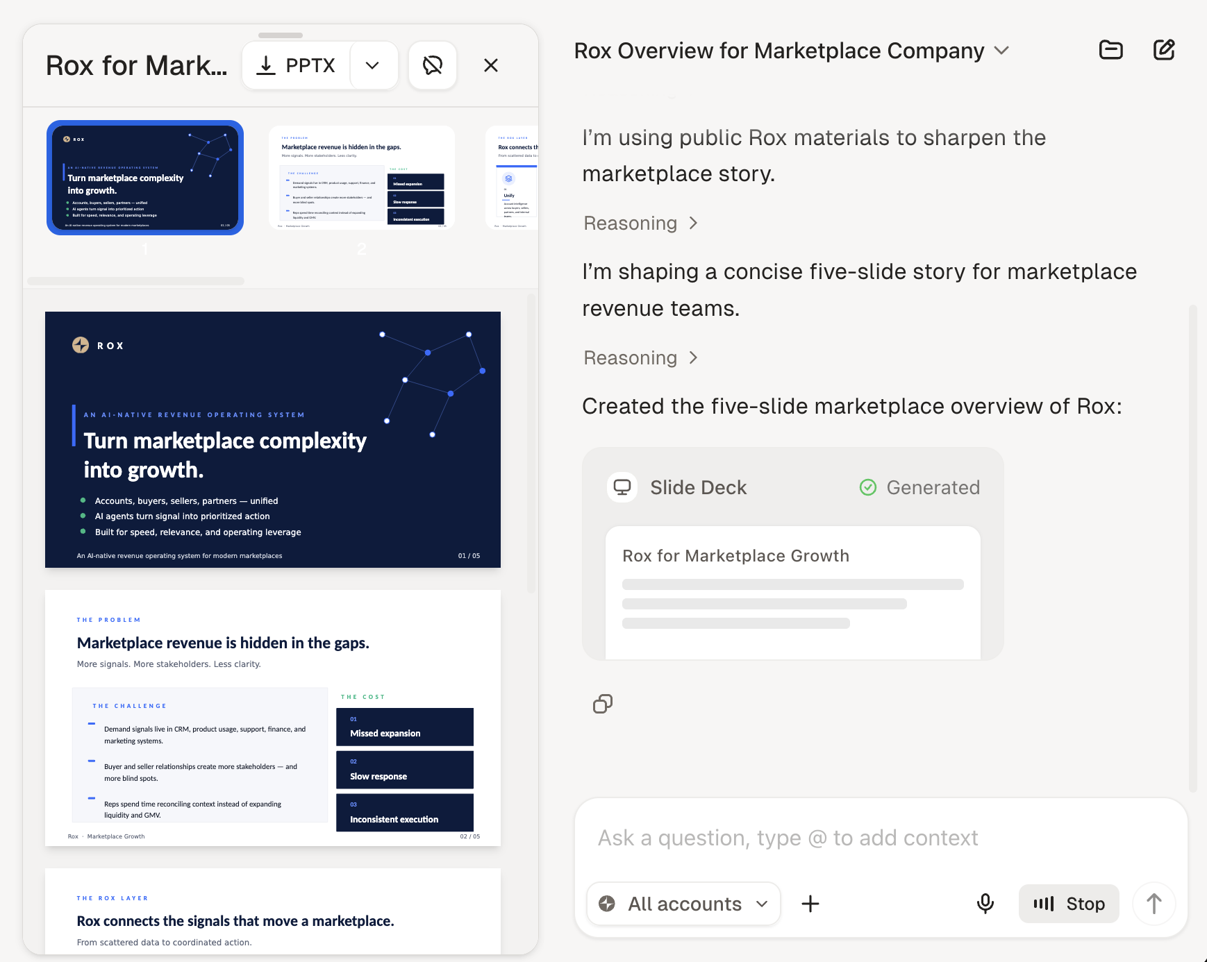 A generated slide deck open beside a Rox Chat conversation, with a voice session still running in the composer